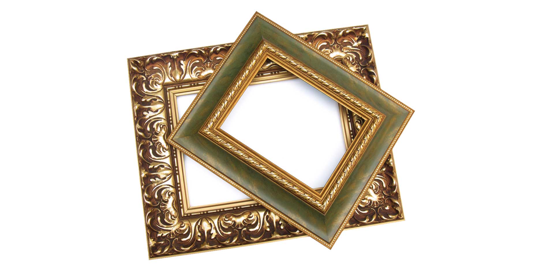 A wide row of frame moulding corner samples in red, navy, orange, sage, and natural finishes