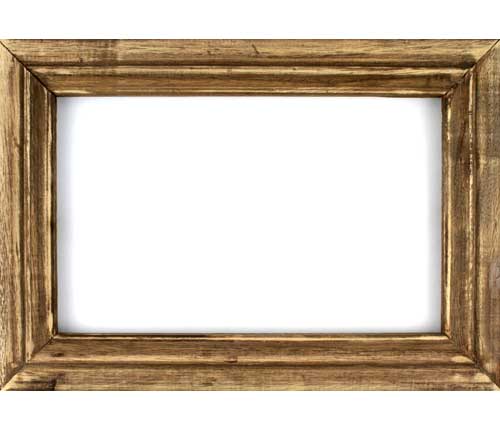 Rustic reclaimed-wood picture frame, empty, on white background