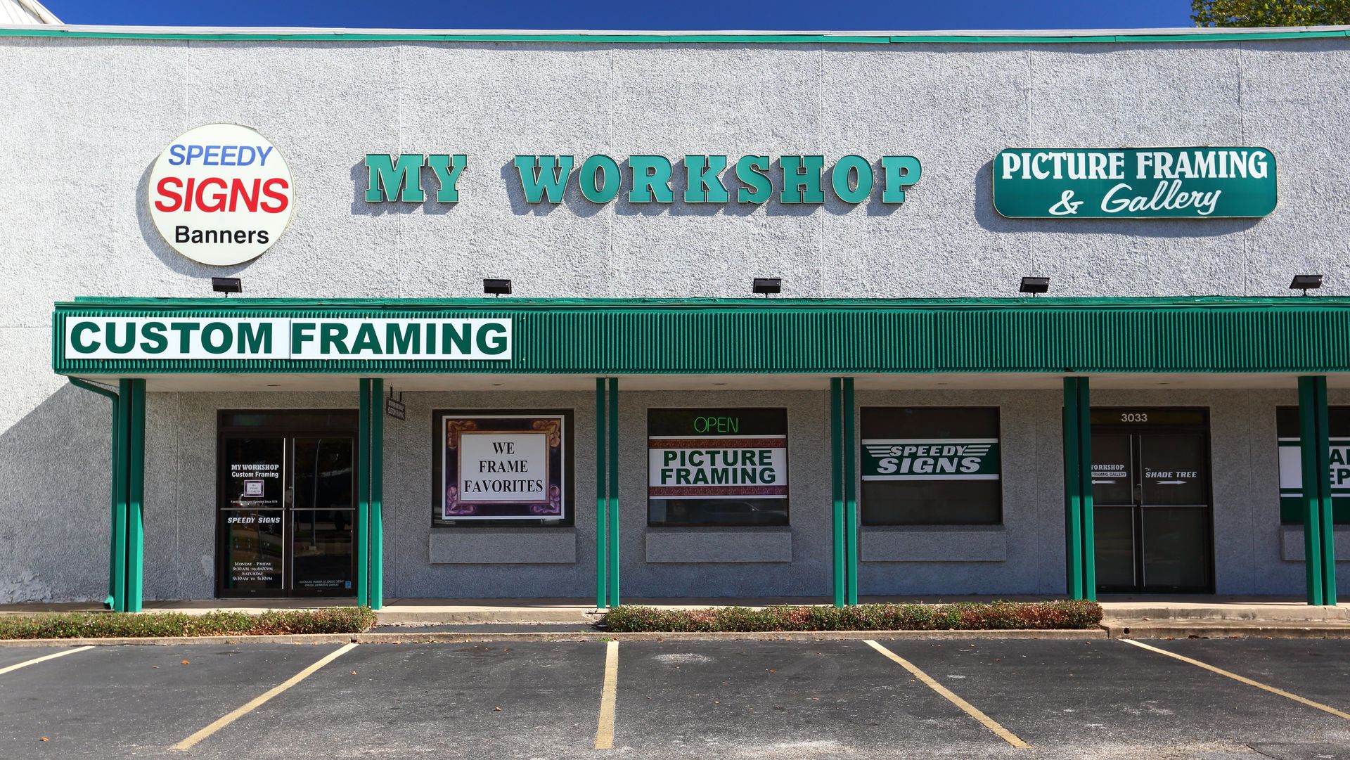 My Workshop Picture Framing storefront on Fountain View Drive in Houston, Texas, with green awning reading Custom Framing